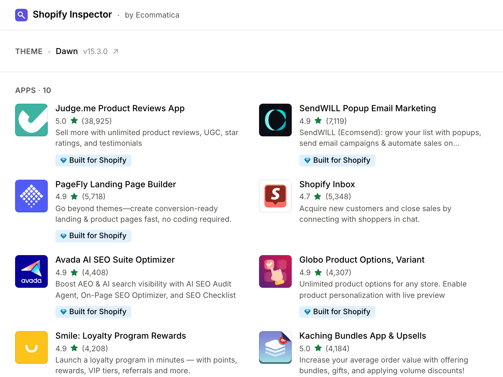 Shopify Inspector popup showing detected theme and apps